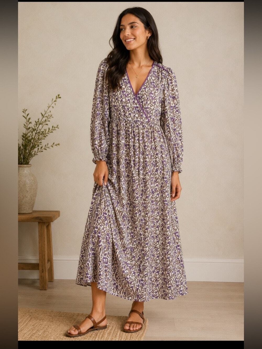 Daughters of India Purple And Golden Yellow Floral Maxi Dress 100% Cotton Sz XL